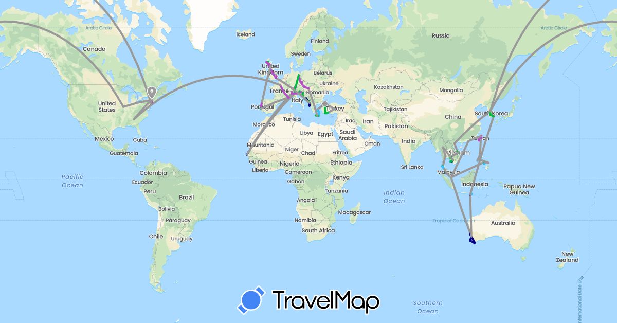 TravelMap itinerary: driving, bus, plane, train, boat in Albania, Austria, Australia, Bosnia and Herzegovina, China, Czech Republic, Germany, France, United Kingdom, Greece, Croatia, Hungary, Indonesia, Italy, Cambodia, South Korea, Monaco, Montenegro, Malaysia, Philippines, Portugal, Singapore, Slovenia, Slovakia, Senegal, Thailand, Turkey, Taiwan, United States, Vietnam (Africa, Asia, Europe, North America, Oceania)